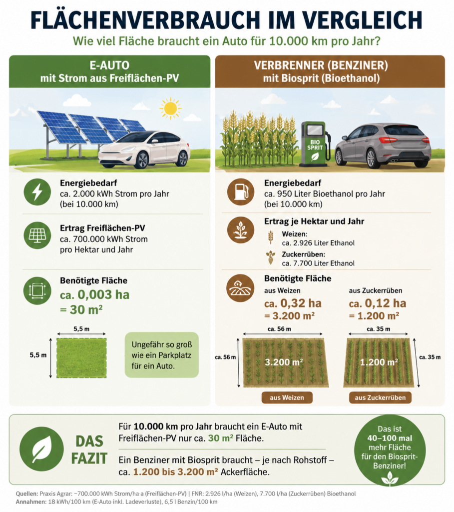 Flächenverbrauch E-Auto vs. Benziner mit Biosprit
